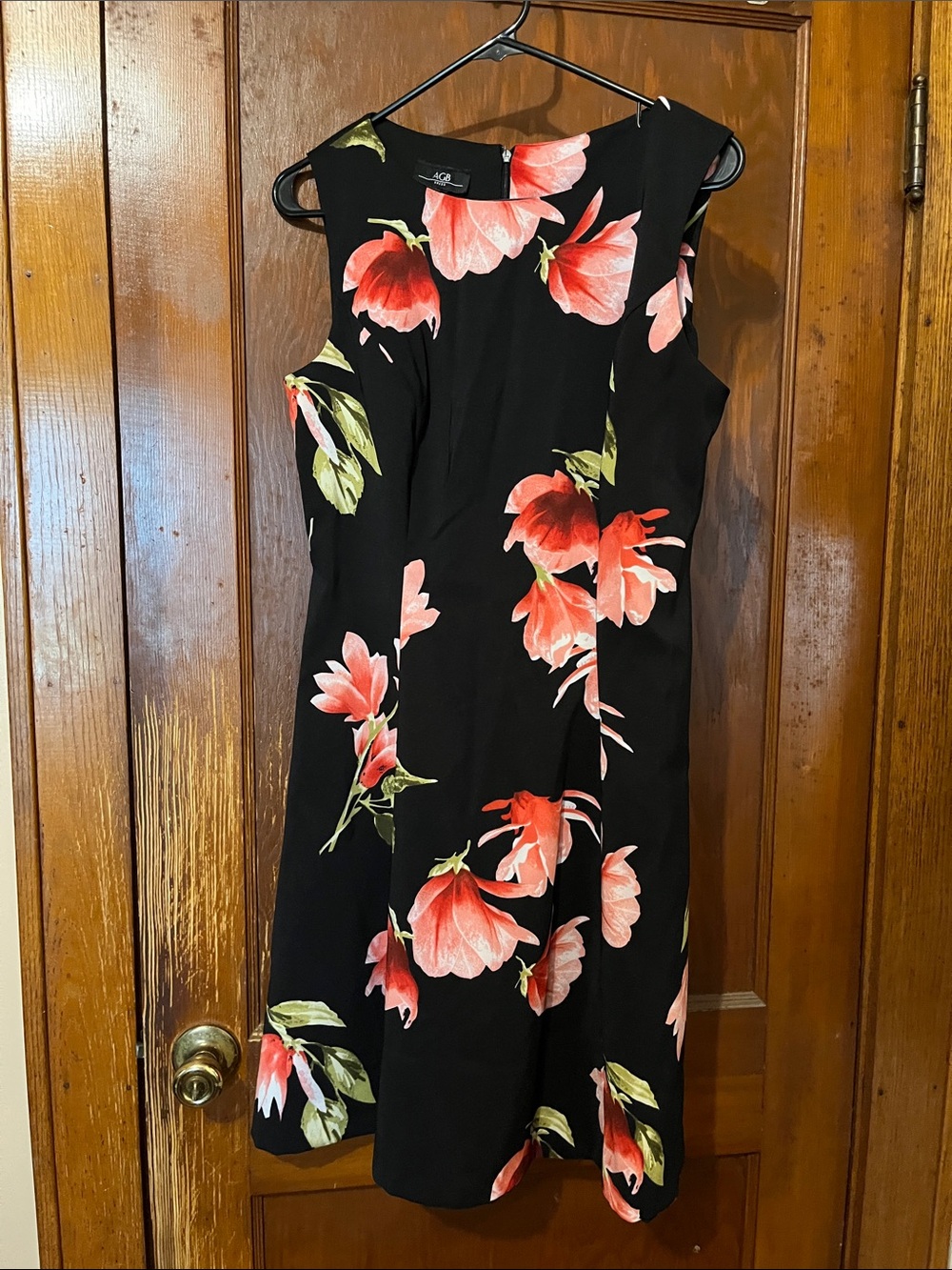 AGB Black Midi Dress with Coral Floral Print